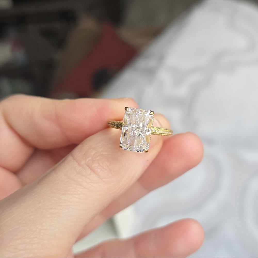 Maxine Size 7, 4.5 Carat Radiant Cut Travel Ring, CZ, Crushed Ice, Hidden Halo